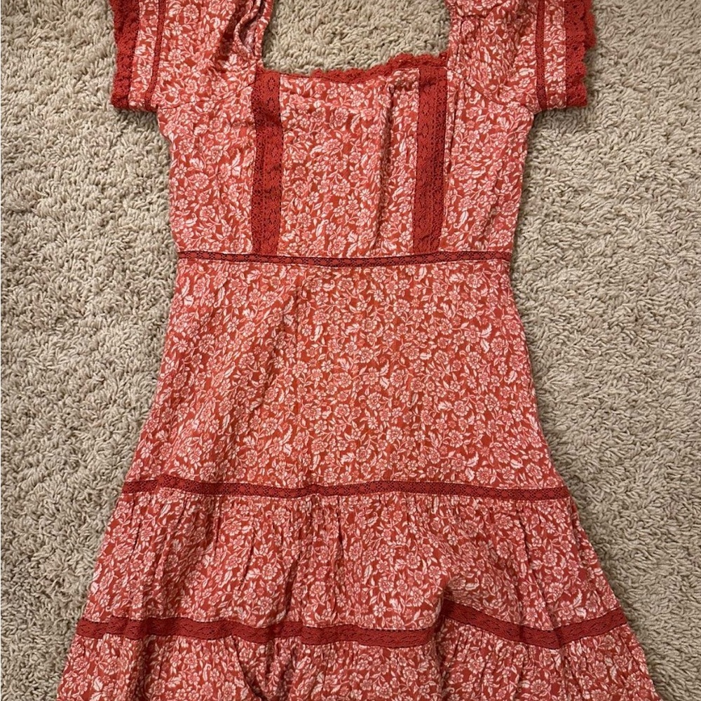 American Eagle Floral Red Sundress with Lace Trim